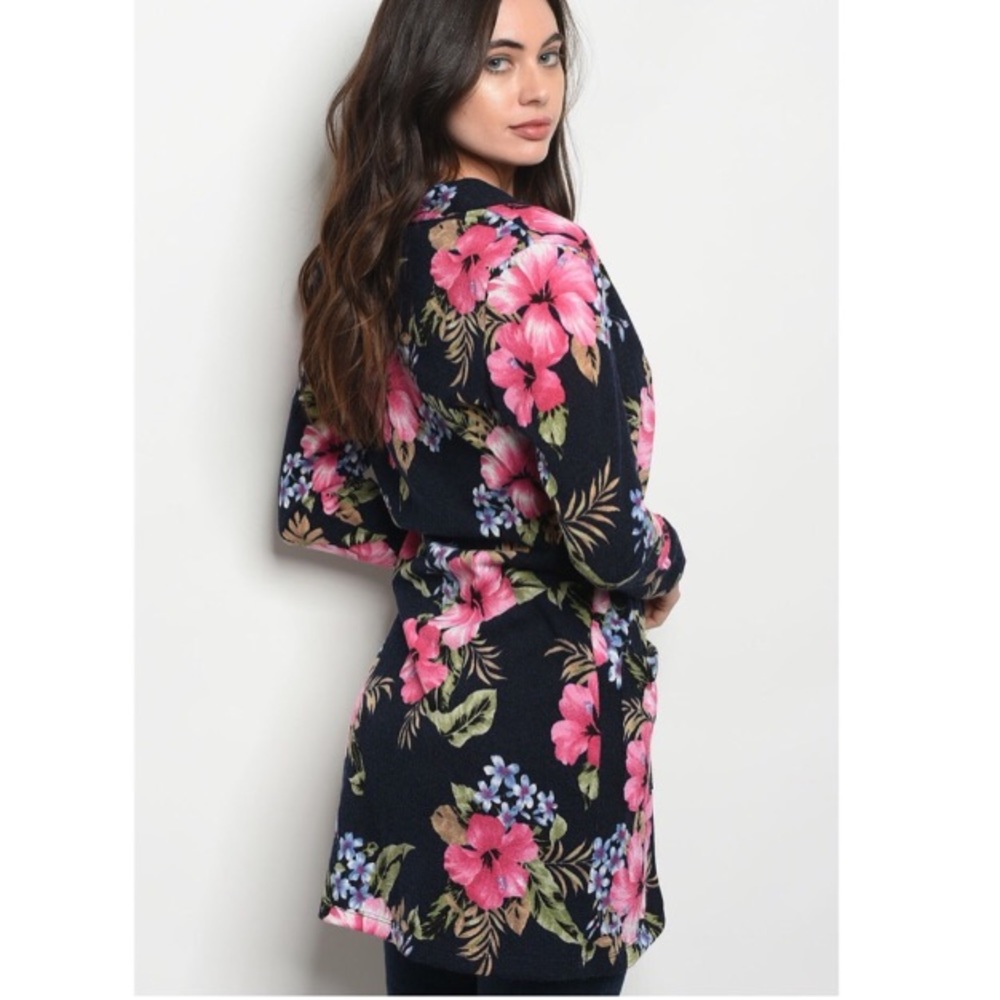 2 Pocket Navy Pink Floral Cardigan / Overall - Picture 2 of 2